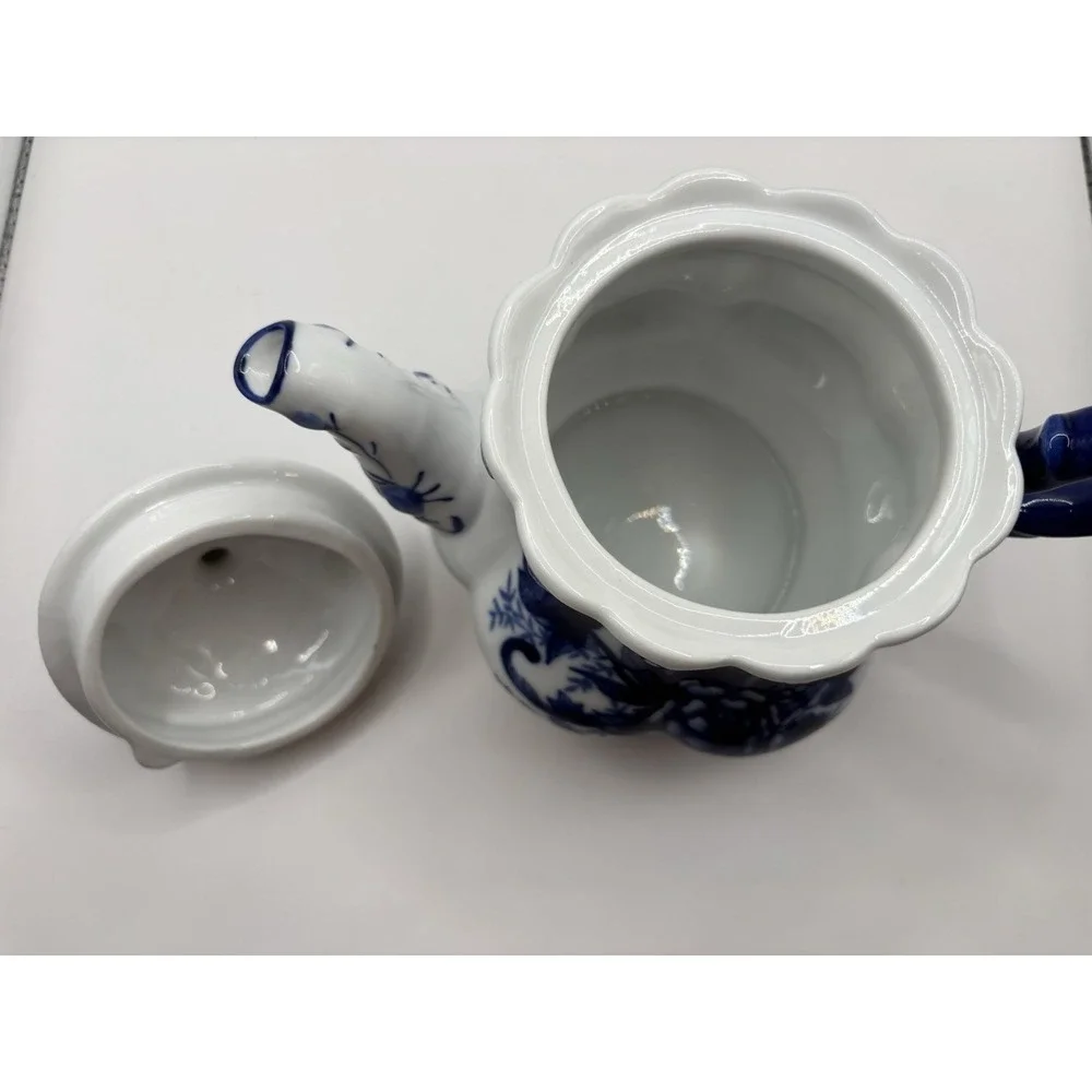 Tea Pot Scalloped Rim Flowered Porcelain, Cobalt Blue And White Cottage Granny